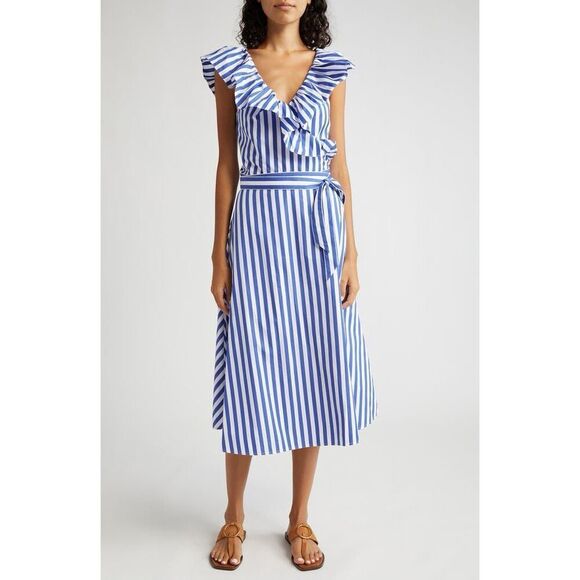 NWT Polo Ralph Lauren Striped Ruffled Cotton Wrap Dress Size 14 - Picture 1 of 9
